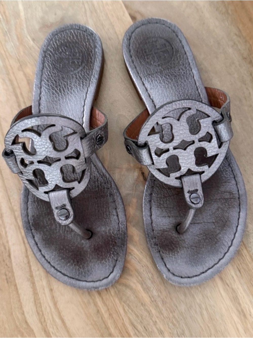Tory Burch Metallic Gray Miller Logo Thong Sandals